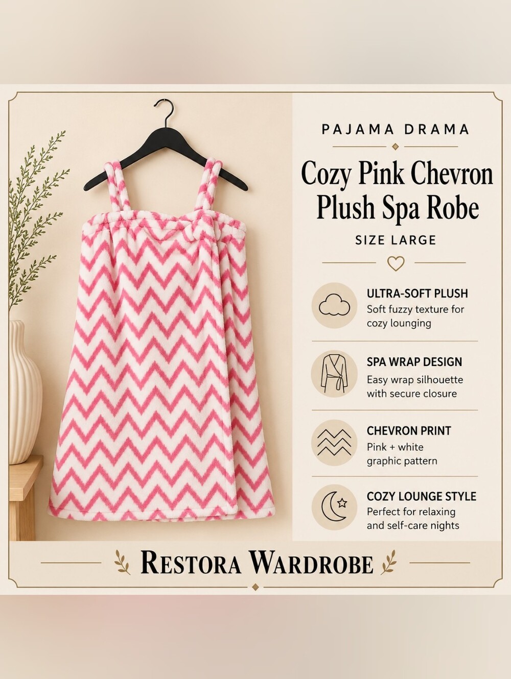 Pajama Drama Spa Wrap Robe Pink Chevron Plush Fleece L Cozy